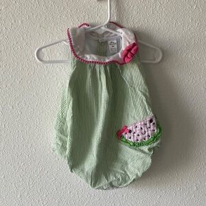 Baby Essentials Green Seersucker Diaper Cover with Pink Watermelon Accent